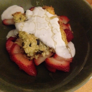 top with coconut cream, berries, and a honey drizzle